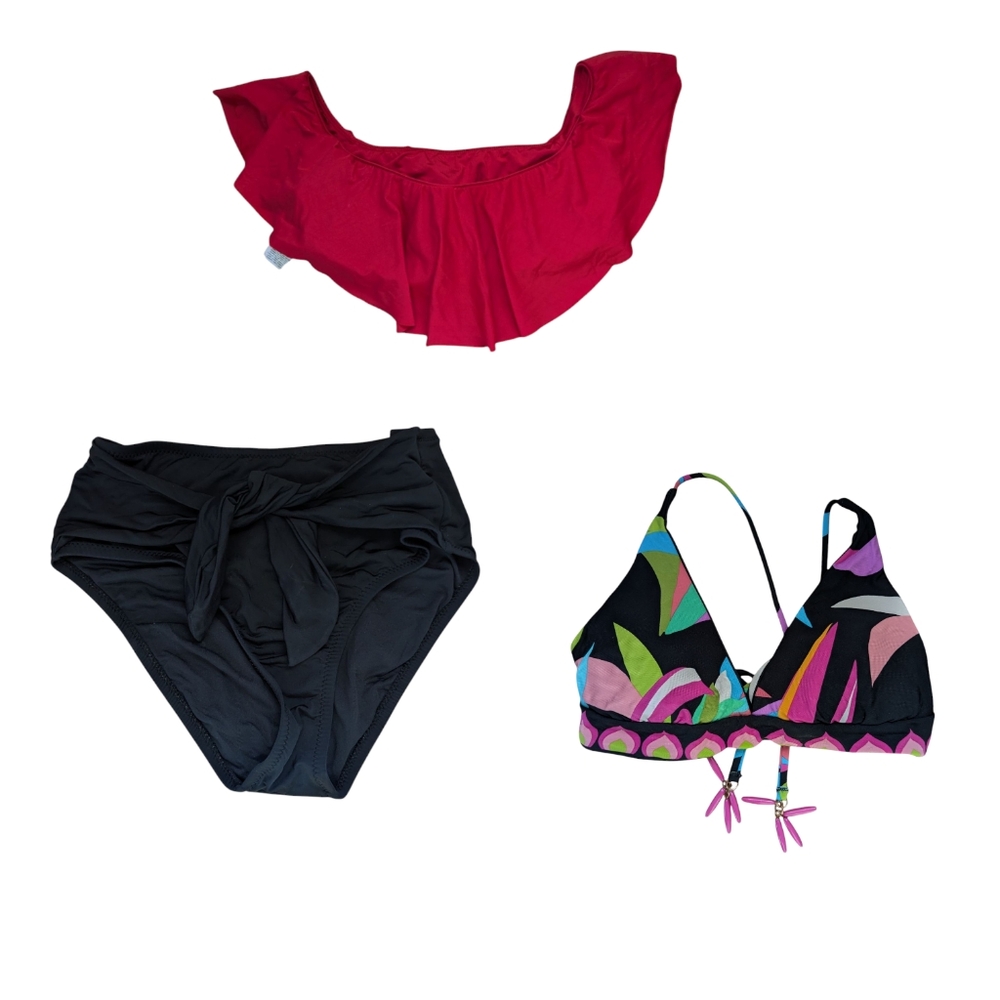 Trina‎ Turk Bikini Set Bundle Lot Of 3 High Rise Bottom 2 Tops Ruffle Tropical